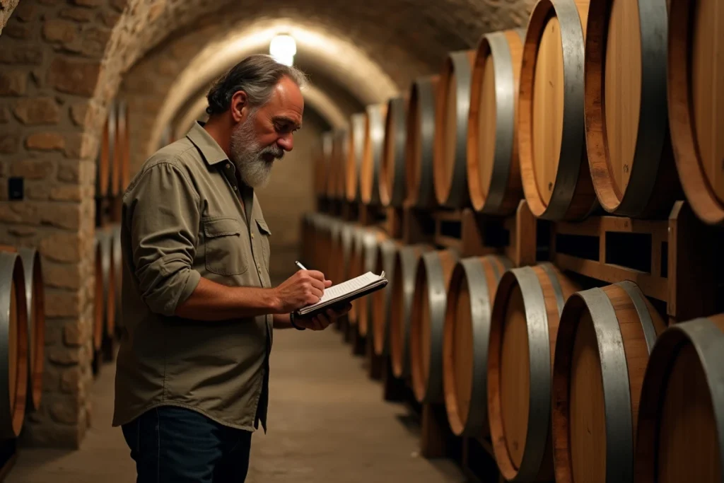 Cave viticole bordelaise voûtée avec fûts de chêne et propriétaire consultant ses notes, domaine à vendre