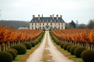 Chartreuse bordelaise en pierre avec rangées de vignes en automne, domaine viticole à vendre en Gironde