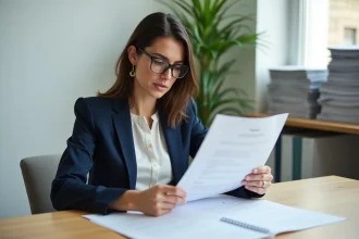 Femme professionnelle en blazer navy révisant un modèle de pré état daté imprimé à son bureau