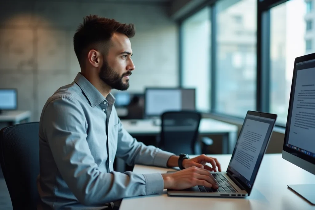 Homme au bureau personnalisant un modèle de document Word de pré état daté sur ordinateur portable