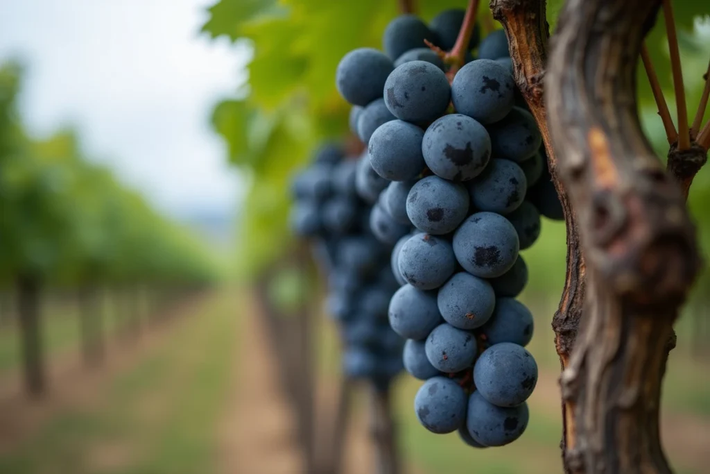 Grappes de raisins Merlot mûrs sur vieilles vignes d'un domaine viticole bordelais à vendre