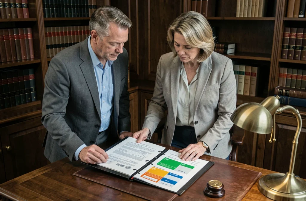 Couple d'acheteurs immobiliers examinant les diagnostics obligatoires lors de la signature chez le notaire