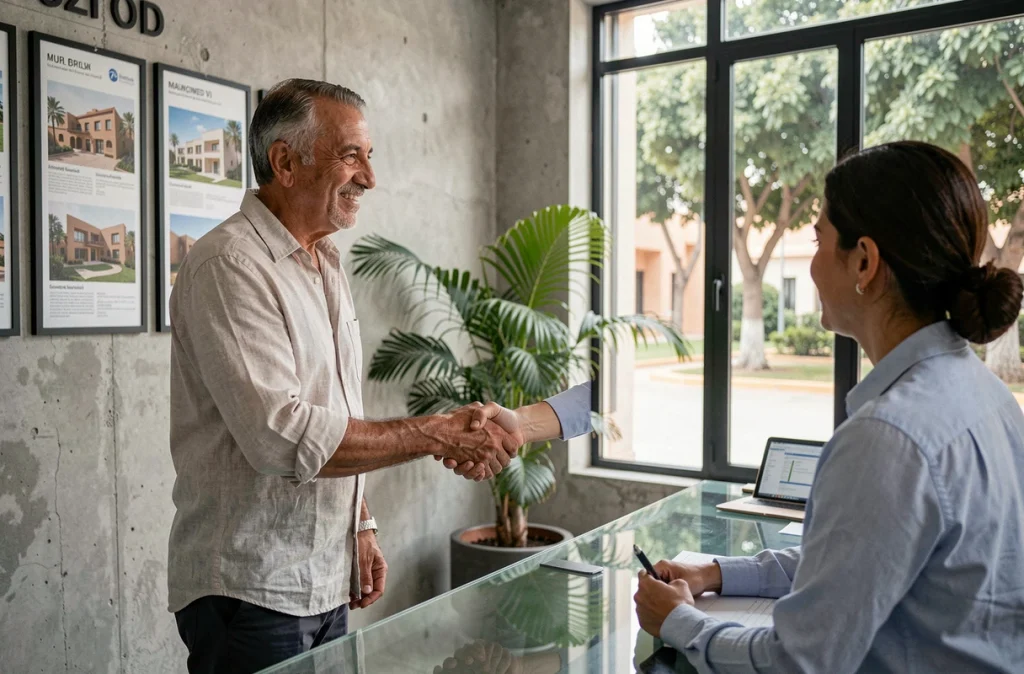 Signature d'un accord de vente d'appartement dans une agence immobilière moderne du quartier Guéliz à Marrakech