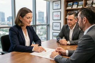 Agent immobilière expliquant les honoraires à la charge du vendeur à un couple lors de la signature d'un contrat de vente