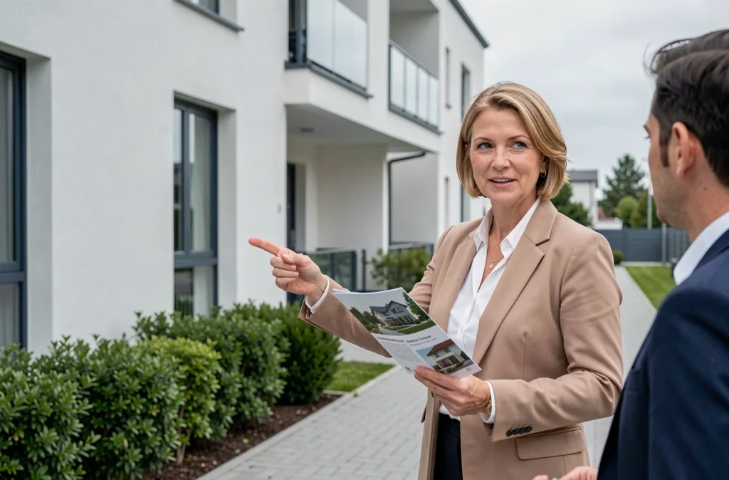 Agent immobilier présentant un programme neuf à un acheteur avec simulation de frais de notaire
