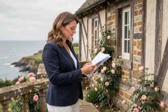 Agente immobilière sur la terrasse d'une maison normande en bord de mer, consultant des documents de vente avec vue sur la Manche