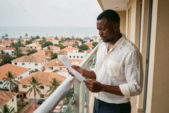 Homme sénégalais examinant des documents immobiliers sur le balcon d'un appartement moderne à Dakar avec vue sur la ville