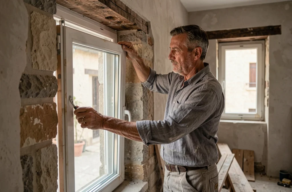 Artisan posant une fenêtre double vitrage dans un mur en pierre épais lors de la rénovation d'un appartement ancien pour optimiser la luminosité