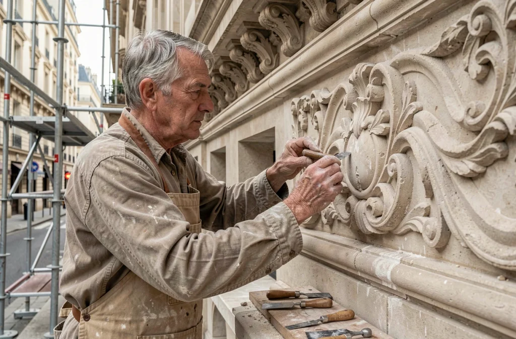 Artisan tailleur de pierre restaurant la façade d'un monument historique classé à Paris