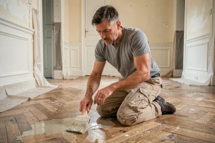 Artisan appliquant de la vitrification sur un parquet ancien en chêne dans un appartement haussmannien en rénovation