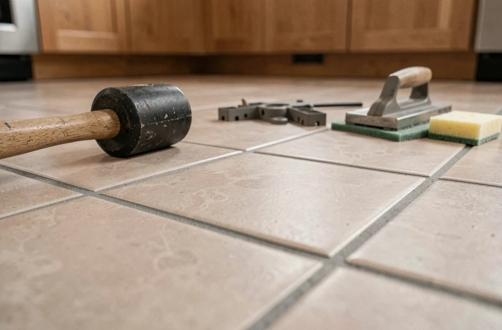 Gros plan d'un carrelage de cuisine remplacé avec joints frais et outils de pose posés autour