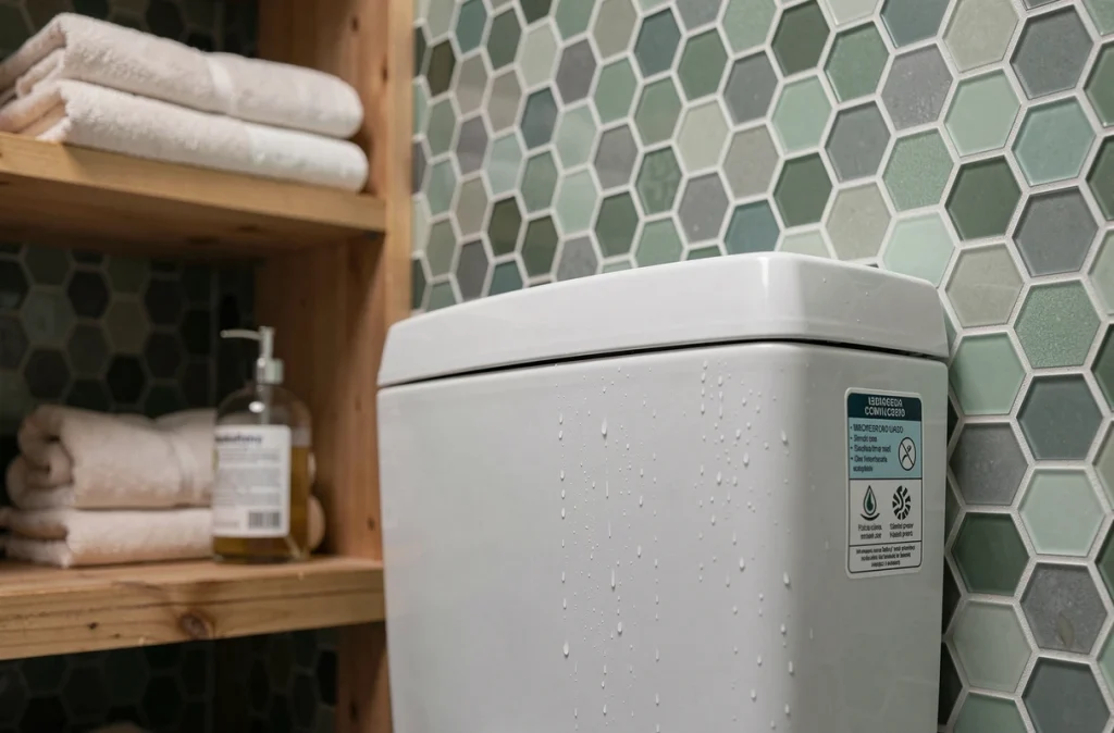 Chasse d'eau double débit économe en eau contre un mur en mosaïque de verre recyclé vert sauge dans une salle de bain écologique rénovée