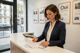 Conseillère immobilière Orpi Invest Immo Paris examinant des documents de vente dans une agence parisienne moderne