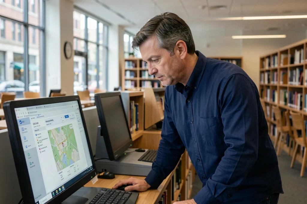 Homme consultant un registre foncier en ligne dans une bibliothèque publique pour identifier le propriétaire d'un bien immobilier