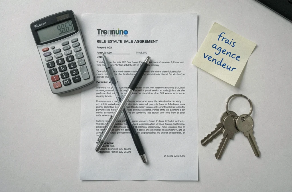 Vue aérienne d'un contrat de vente immobilière avec calculatrice et note sur les frais d'agence à la charge du vendeur