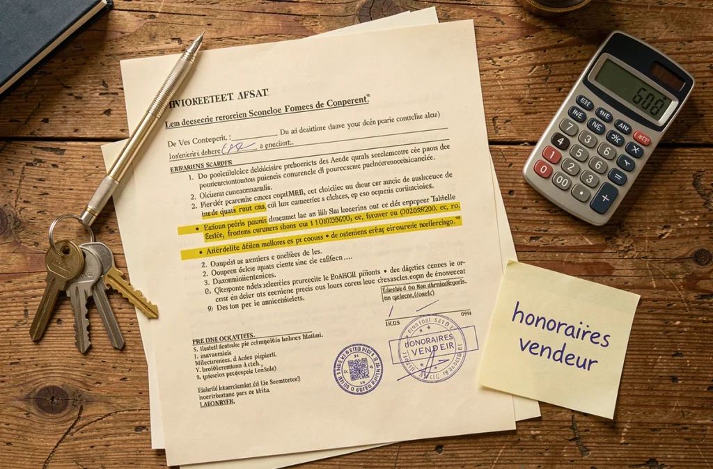 Gros plan d'un contrat de vente immobilière avec clés de maison et note sur les honoraires à la charge du vendeur