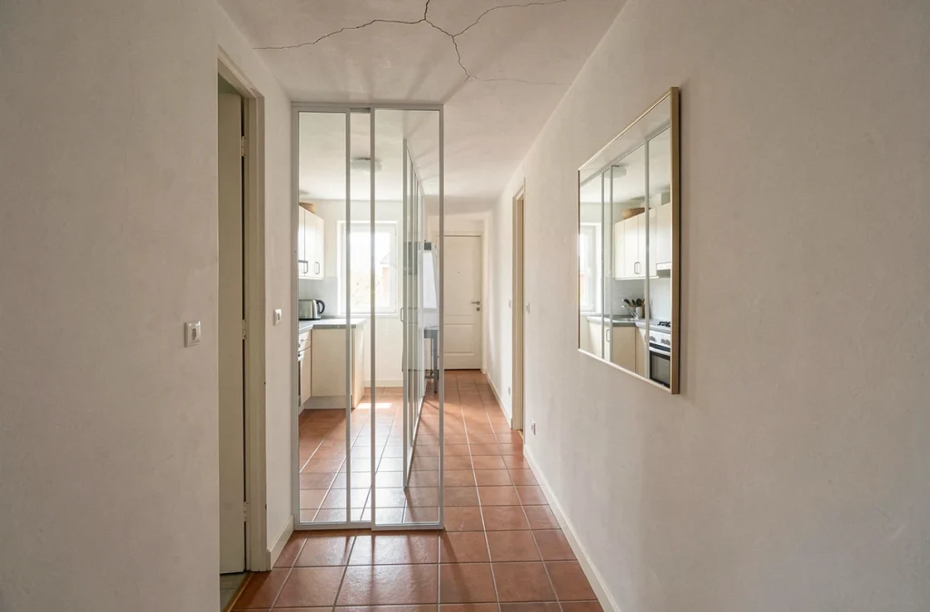 Couloir étroit d'appartement ancien rénové avec cloison vitrée intérieure permettant de diffuser la lumière naturelle en profondeur