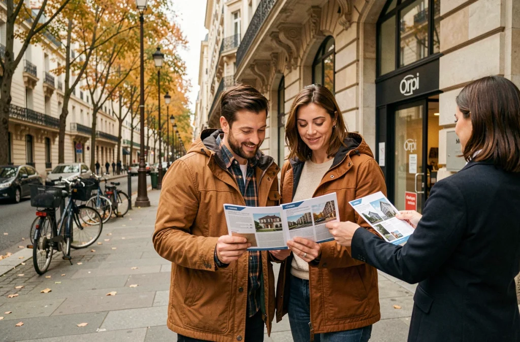 Couple parisien consultant des annonces immobilières devant une agence Orpi dans un quartier haussmannien