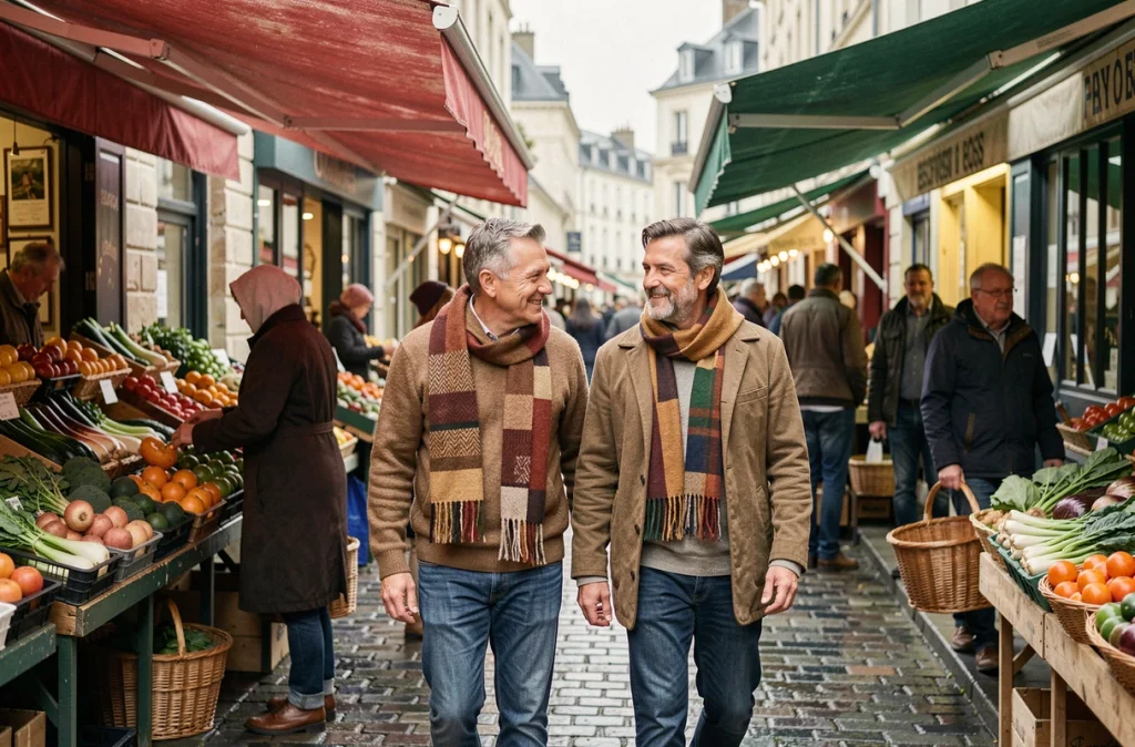 Couple se promenant dans un marché de quartier animé au Havre pour évaluer le cadre de vie