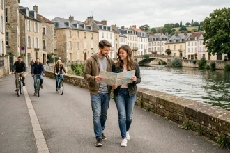 Jeune couple se promenant au bord de l'Oise à Conflans-Sainte-Honorine en consultant un plan du quartier