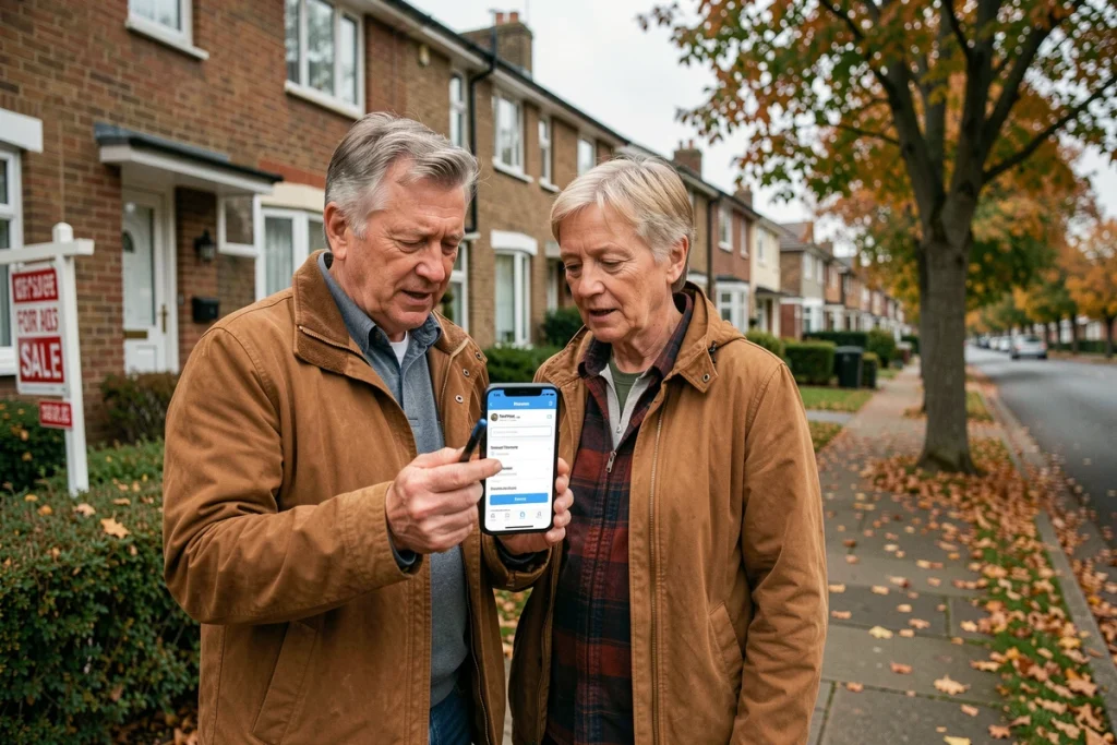 Couple recherchant le propriétaire d'une maison devant un bien immobilier à vendre en utilisant une application mobile