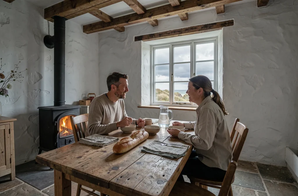 Couple vivant à l'année dans une longère normande rénovée en bord de mer, déjeunant dans une salle à manger avec poutres apparentes et vue sur la Manche