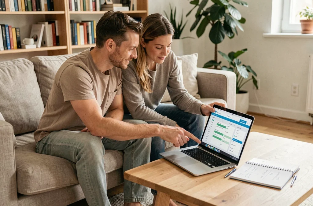 Couple consultant un simulateur de budget immobilier sur un ordinateur portable dans leur salon