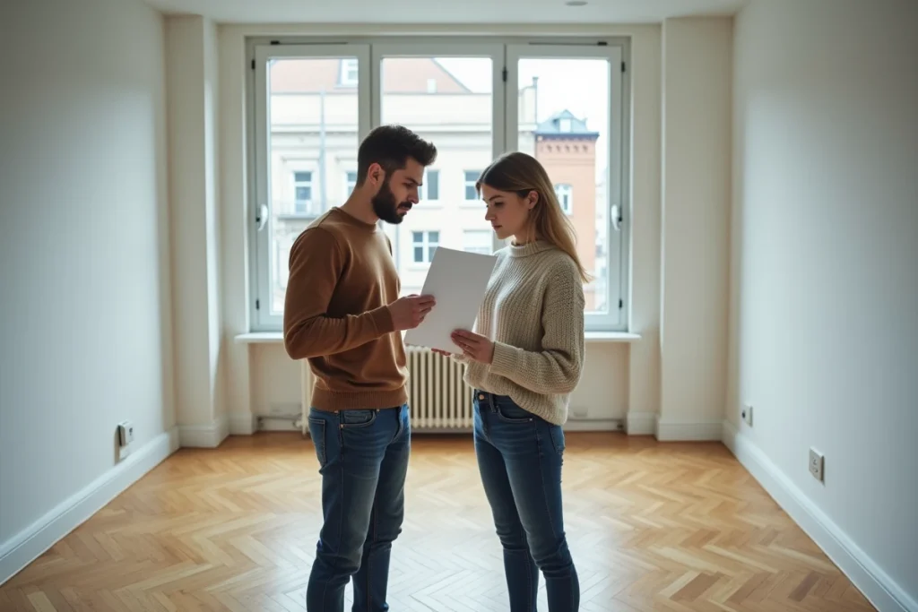 Couple de locataires examinant un contrat de bail dans un appartement vide avant de s'engager