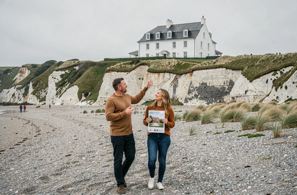 Couple observant une villa normande en bord de mer depuis la plage de galets, tenant un document de présentation immobilière