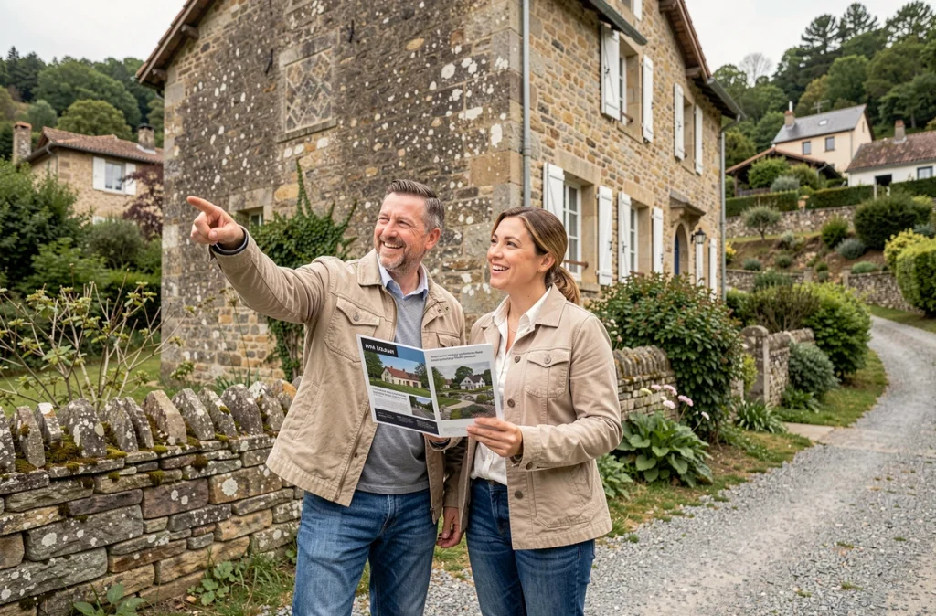 Couple de primo-accédants visitant une maison sur les coteaux avec brochure immobilière en main