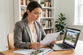 Jeune femme débutante en immobilier consultant un site internet de vente de maisons sur coteaux depuis son bureau à domicile