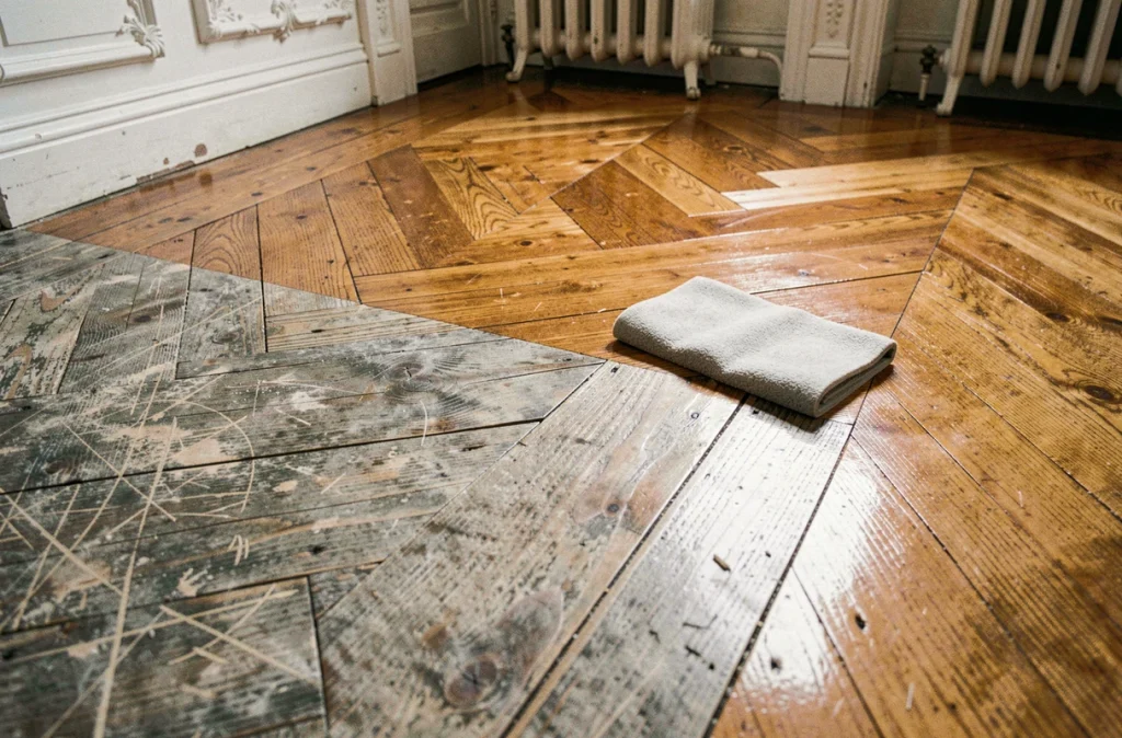 Détail d'un parquet à chevrons ancien mi-restauré montrant la frontière entre bois brut et bois vitrifié satiné