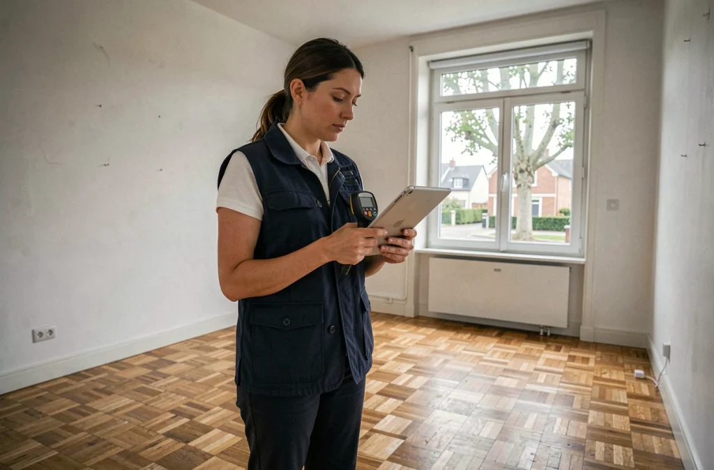 Diagnostiqueur immobilier professionnel réalisant un contrôle technique dans un appartement vide avant mise en vente