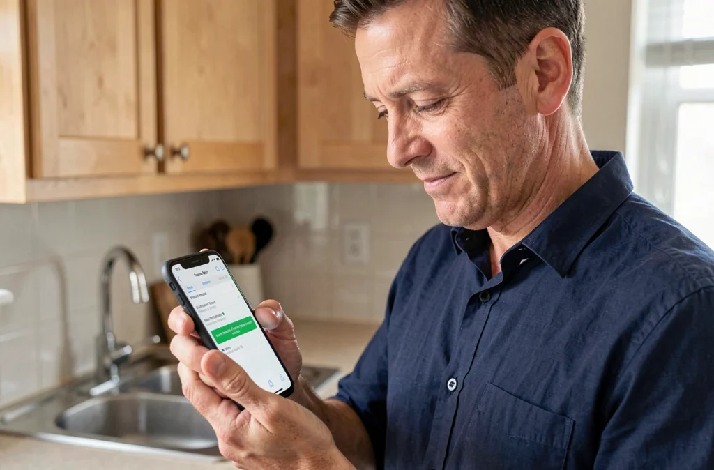 Homme consultant un email de réinitialisation de mot de passe sur son smartphone dans la cuisine
