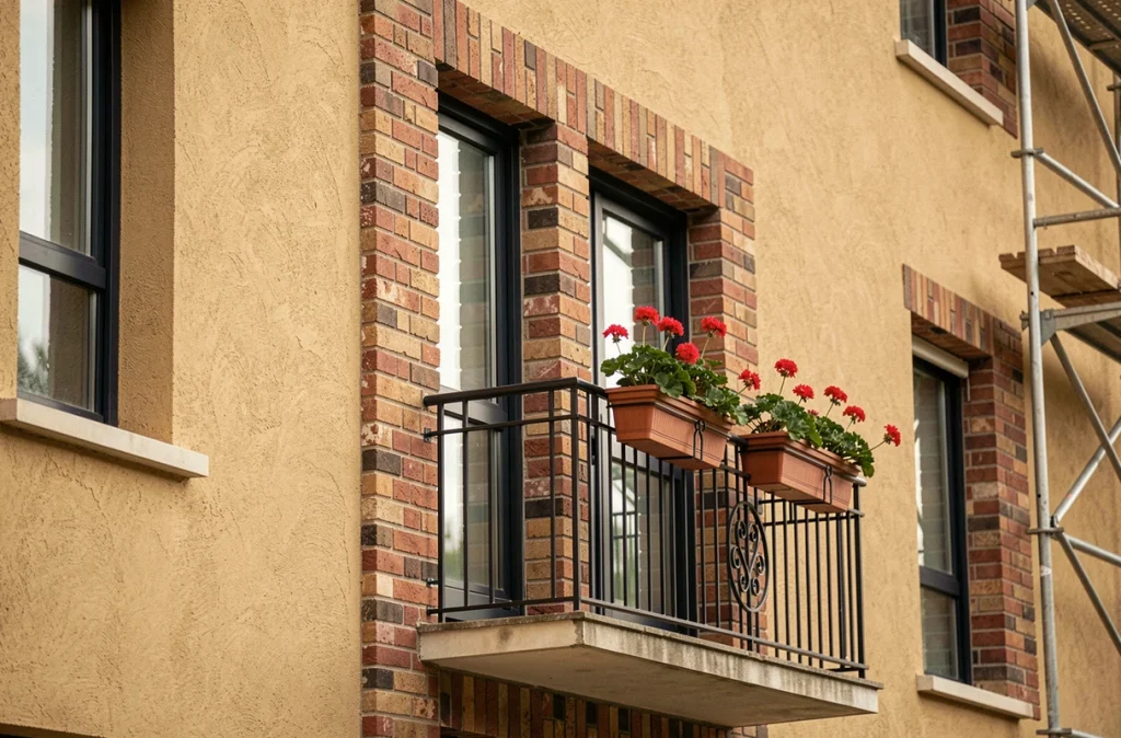 Détail architectural d'un immeuble rénové dans le Quartier Nord de Villeneuve-Saint-Georges, montrant la façade restaurée avec briques et enduit neuf symboles du renouveau urbain