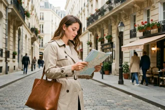 Femme consultant une carte dans un quartier historique du Havre avant de choisir sa location