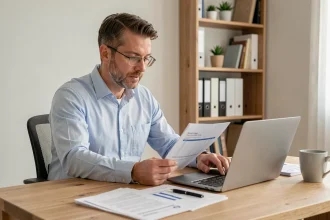 Homme consultant des documents de budget immobilier sur son bureau à domicile avec un ordinateur portable