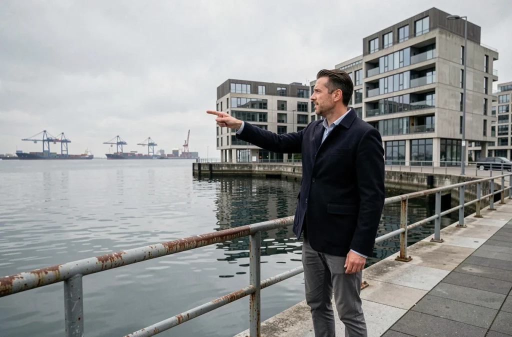 Homme évaluant un immeuble résidentiel moderne en bord de mer au Havre