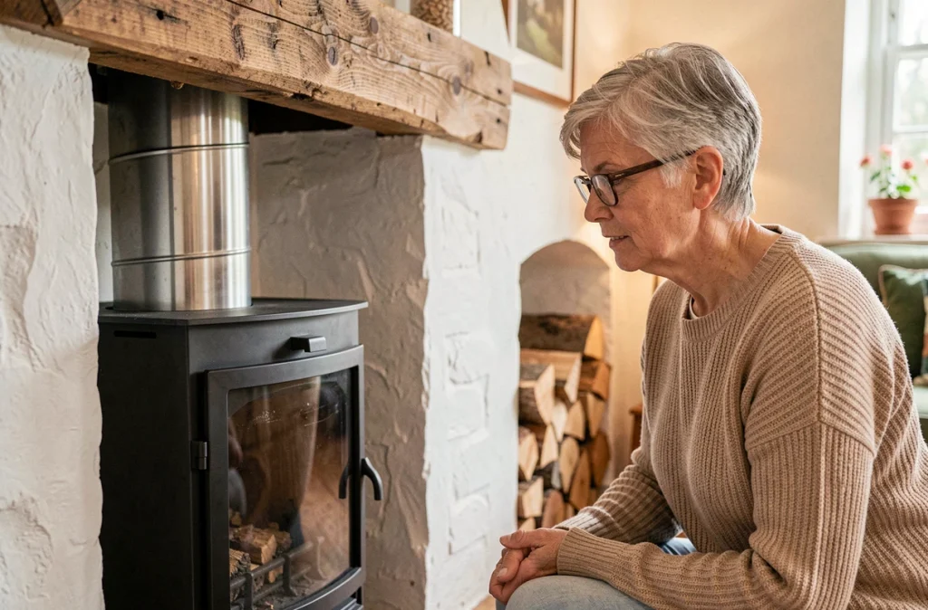 Femme inspectant le conduit en inox d'une cheminée ancienne rénovée dans un cottage de campagne