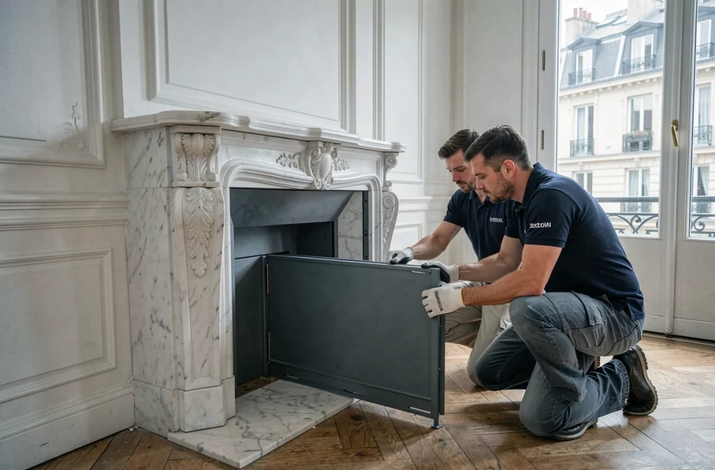 Installation d'un insert moderne dans une cheminée en marbre ancienne dans un appartement haussmannien parisien