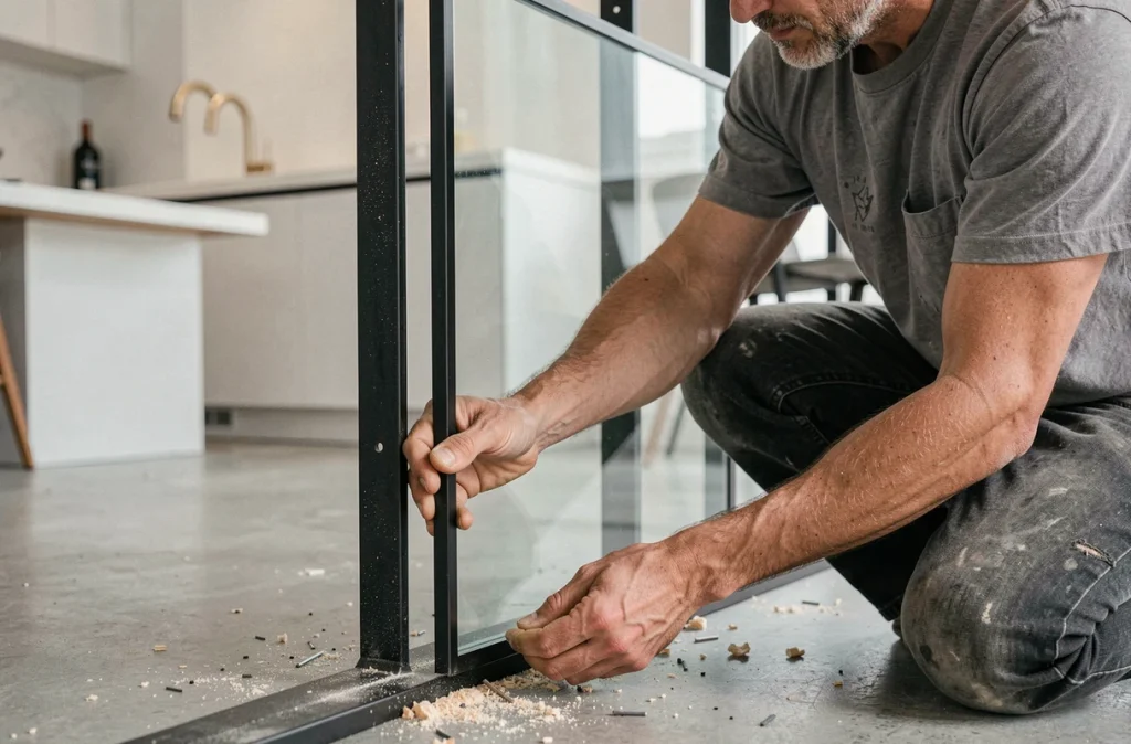 Artisan installant une verrière intérieure dans une cuisine contemporaine à plan ouvert