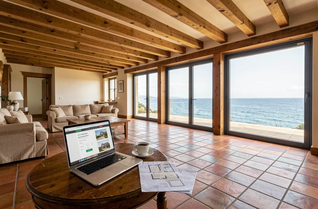 Intérieur rénové d'une maison normande avec vue mer, poutres apparentes et documents d'estimation immobilière sur une table ancienne