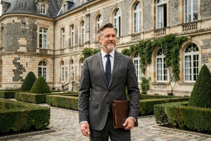 Investisseur immobilier devant un château historique français classé monument historique pour défiscalisation