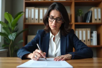 Locataire lisant attentivement un contrat de bail à son bureau à domicile avant de signer