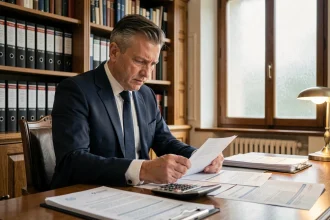 Marchand de biens examinant des documents fiscaux et contrats immobiliers sur un bureau de notaire