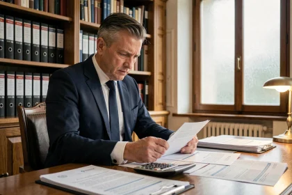 Marchand de biens examinant des documents fiscaux et contrats immobiliers sur un bureau de notaire