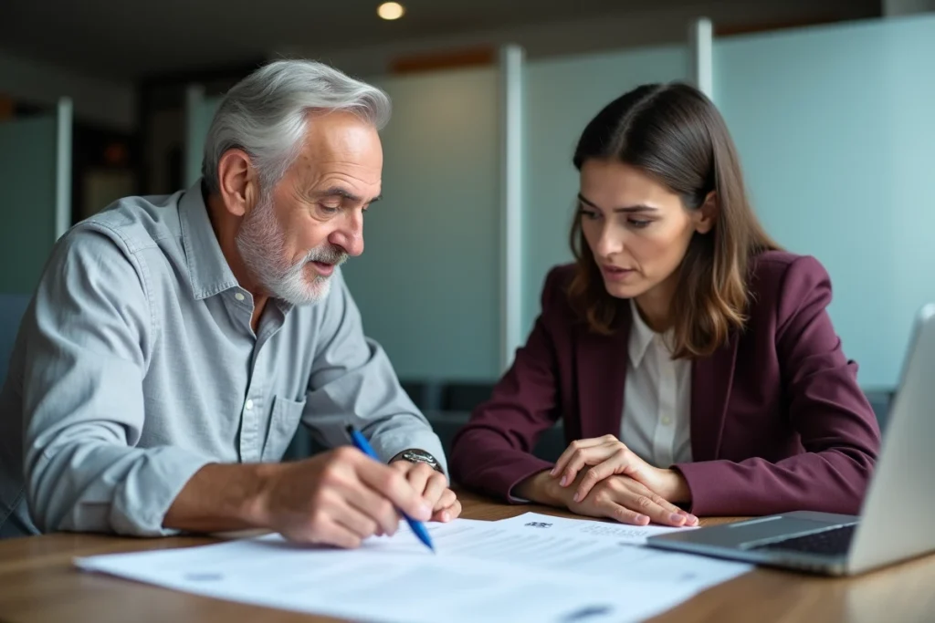 Locataire discutant des clauses d'un bail avec un agent immobilier dans une agence professionnelle
