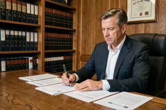 Notaire examinant un contrat immobilier dans son bureau avec des documents de frais de notaire
