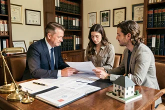 Un notaire et un couple signent un compromis de vente immobilière dans un office notarial traditionnel