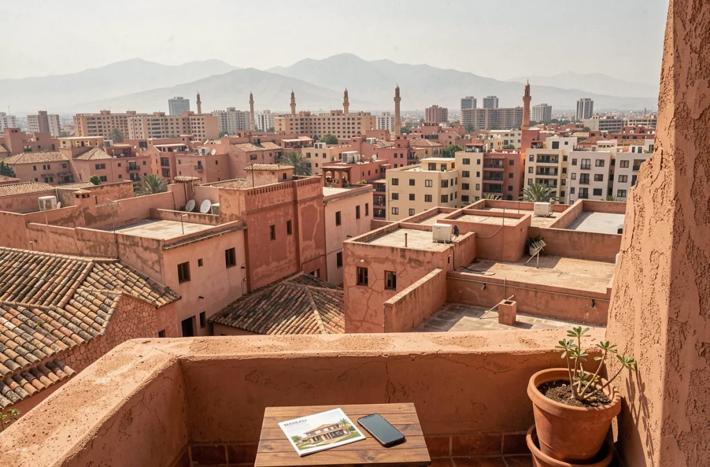 Vue panoramique du centre-ville de Marrakech depuis une terrasse avec immeubles résidentiels et montagnes en arrière-plan